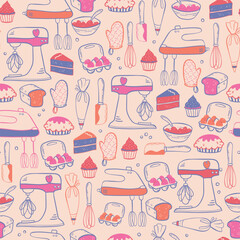 Cute baking vector doodles seamless pattern, fun background, great for textiles, wrapping, packaging, wallpapers - vector design