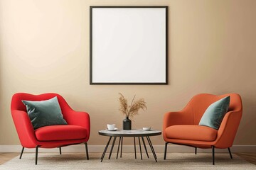 Beige room with red and orange armchairs, blank poster