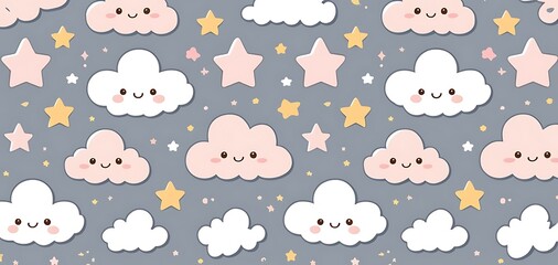 Charming cartoon sky pattern design with cute clouds and stars, suitable for baby products