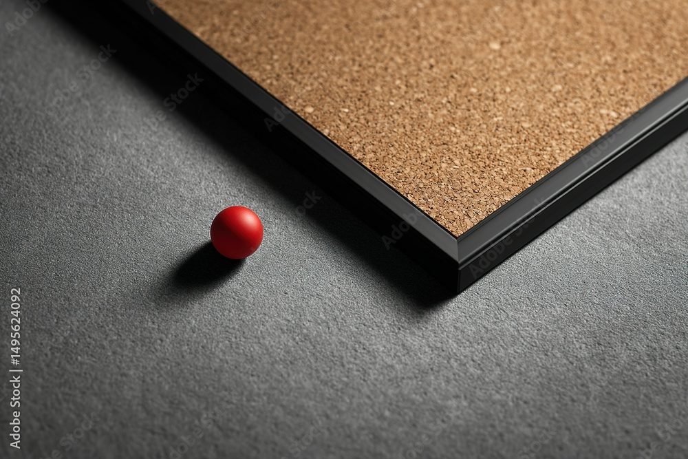 Poster corkboard and red push pin on gray surface creating a minimalist workspace aesthetic in natural ligh