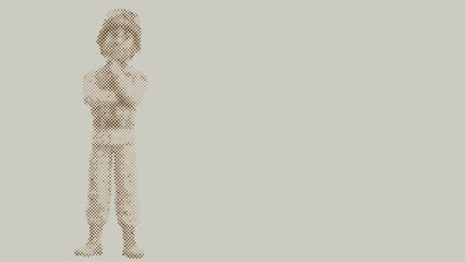 Halftone dot pattern of A cartoon soldier wearing a uniform and helmet