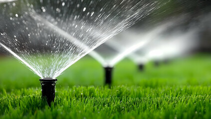 Close-up view of sprinklers watering lush green grass, showcasing the importance of irrigation in maintaining healthy lawns and gardens.