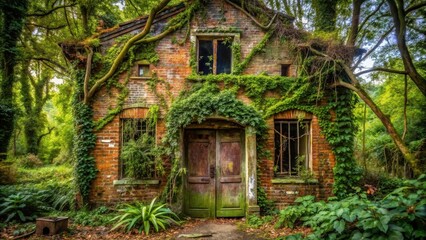 Enigmatic Brick Structure, Overgrown with Lush Vines, Stands in a Verdant Forest, Its Weathered Wooden Doors Partially Concealed by Nature's Embrace