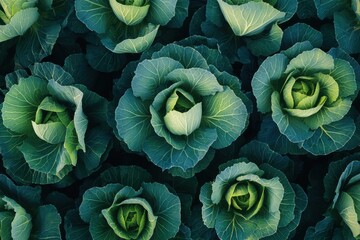Obraz premium Close up of fresh green cabbages in a field for food photography and agricultural concepts.