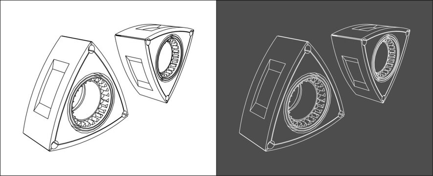 Isometric view rotary Engine Rotor 3d technical line drawing blueprint vector. isolated on transparent background