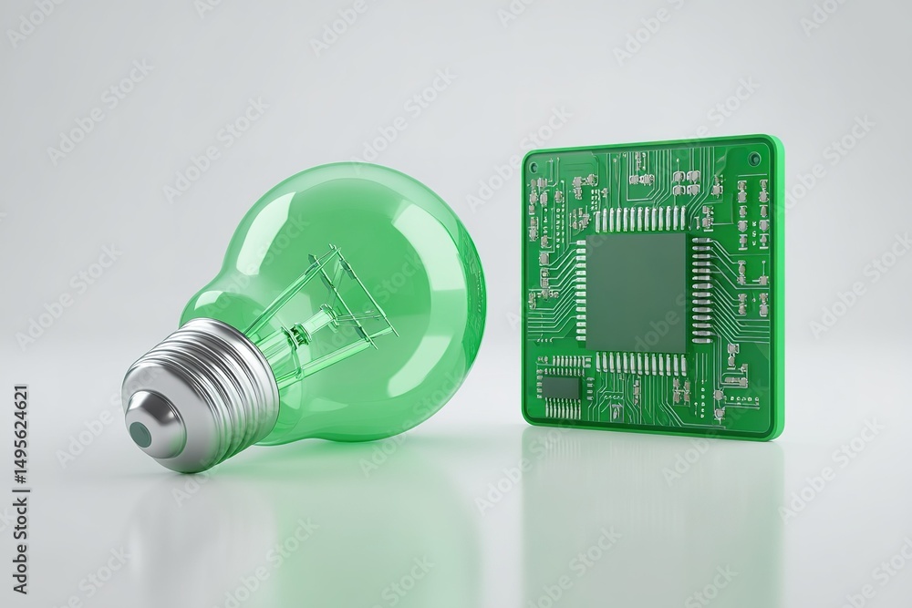 Poster light bulb design features a green bulb next to a modern circuit board on a plain background in a cr