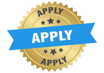 apply. apply round blue and gold label isolated on transparent background