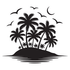 Tropical island with trees, Vector black silhouette. with white background