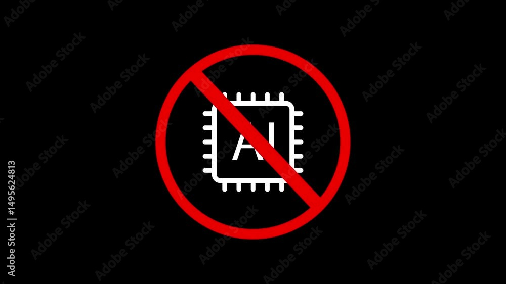 Poster no ai technology allowed motion graphic of ai generated not allowed with a restriction sign on a dar