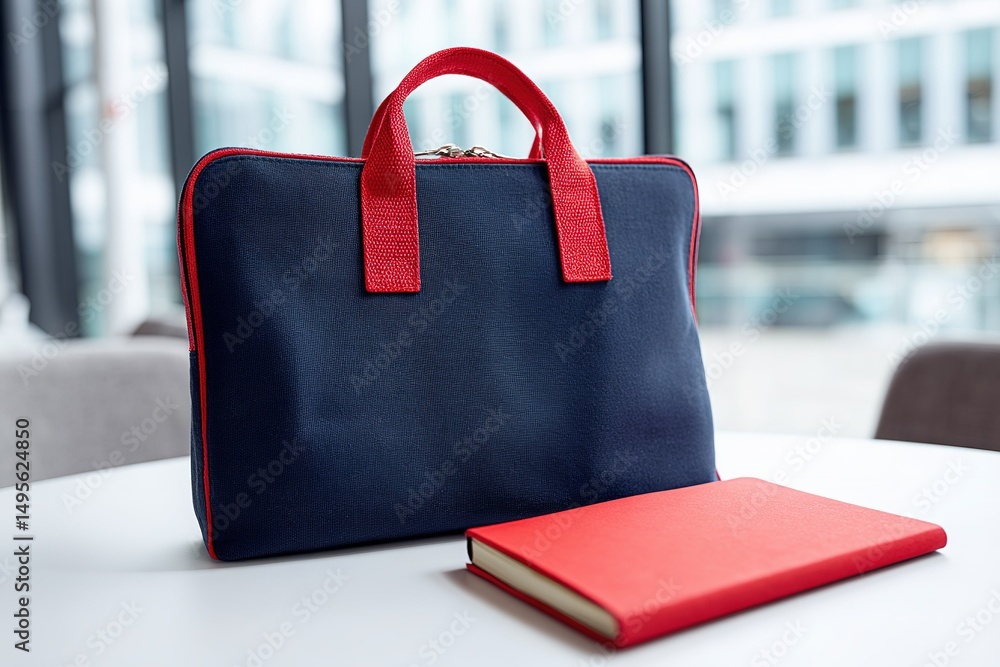 Poster stylish laptop bag and red notebook on a table in a modern workspace setting