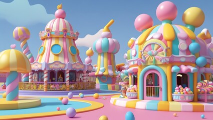 Whimsical Candy Town Landscape: A Dreamy Pastel-Colored Fantasy World