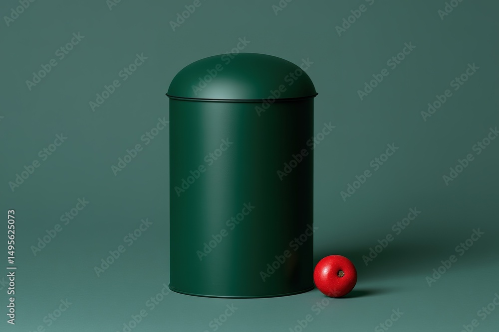 Poster green trash can with a red apple resting beside it in a minimalist setting showcasing modern design
