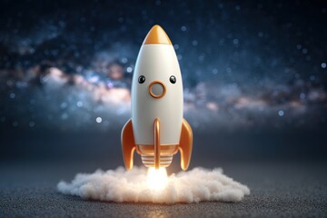 A small rocket launches into space, leaving a trail of smoke and fire against a backdrop of stars and galaxies.