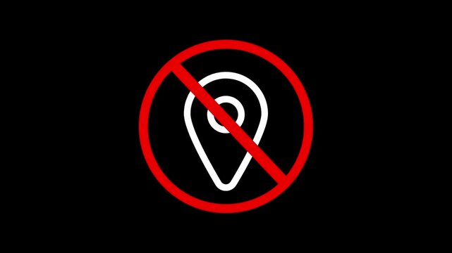 No map pointer motion graphic of GPS signal lost with a restriction sign on a dark background animated symbol
