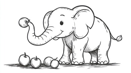 Obraz premium Cute elephant with apples. A young elephant reaches for a plump cherry tomato, while other apples lie nearby. Hand-drawn sketch style