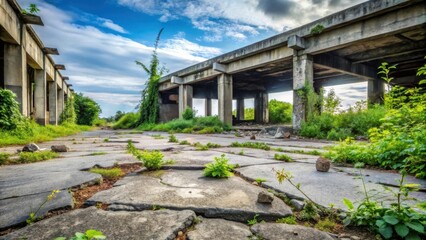 Overgrown Ruins of a Concrete Structure Under a Sky of Blue and Grey