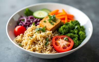 Colorful healthy meal bowl with rice, vegetables, and tofu. High quality