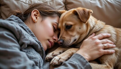 Obraz premium the photo captures a heartwarming scene of a pet owner and their loyal dog snuggled up on the couch, their eyes locked in a moment of pure companionship and tranquility.