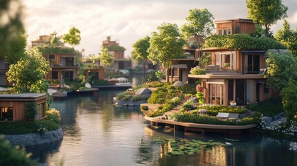 Obraz premium Eco-friendly floating homes. Lush, sustainable community by a tranquil waterway