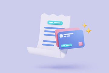 3D bill payment with credit card and financial for online shopping, payment credit card with alert notification. Invoice transaction with money coin. 3d receipt vector icon render illustration
