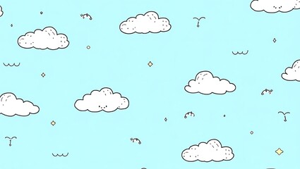 Whimsical sky pattern background with cartoon clouds and playful elements