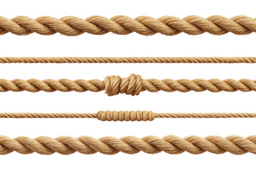 A detailed view of multiple strands of brown rope with varying thickness and knots against a black background