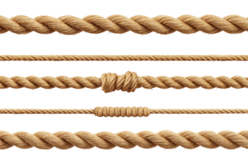 A detailed view of multiple strands of brown rope with varying thickness and knots against a black background