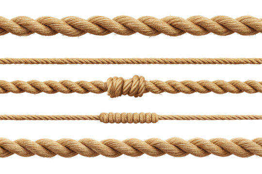 A detailed view of multiple strands of brown rope with varying thickness and knots against a black background
