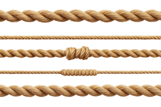 A detailed view of multiple strands of brown rope with varying thickness and knots against a black background