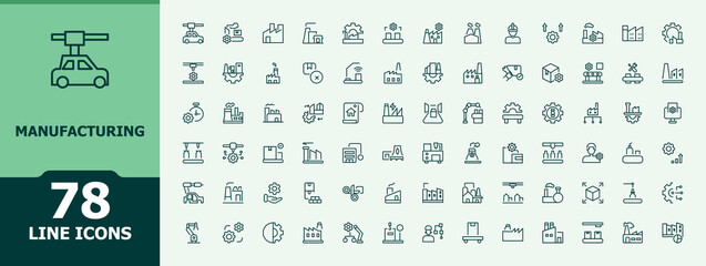 Manufacturing icon set. Contain linear sign technology, production, factory, tool, product, machine, industry and more. Minimalist icons pack. Editable stroke. Pixel Perfect.