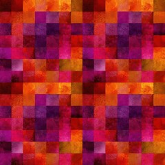 Vibrant abstract texture with bold colors of red, orange, purple, and yellow arranged in a seamless grid pattern for artistic backgrounds and designs