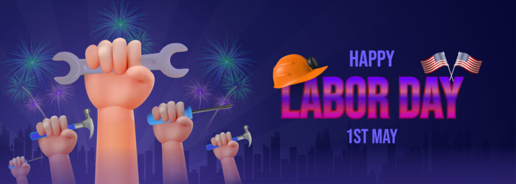 Happy Labor Day Celebration with Tools and Fireworks on a Dark Background