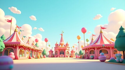 Obraz premium Whimsical cartoon fairground with pastel buildings and balloon decorations