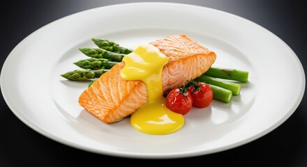 Salmon fillet with asparagus tomatoes and sauce on a white plate.