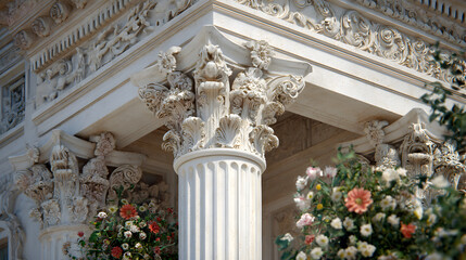 Naklejka premium A close-up of a Greek column detail in white plaster, light playing across grooves and pastel flowers at base 17344183 2