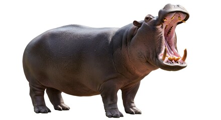 Fototapeta premium Powerful Hippopotamus with Open Mouth, Isolated on White Background