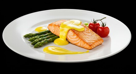 Salmon fillet with asparagus tomatoes and sauce on a white plate.