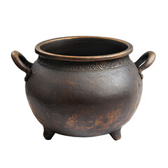 A darkened bronze pot with handles and a decorative band sits on a black background in a studio shot