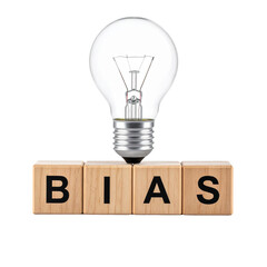 Wooden blocks spelling "BIAS" with a lightbulb positioned above them.