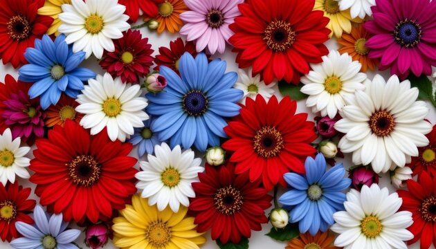 a stunning composition of diverse flowers, from bold reds to soft blues, creating a harmonious blend of colors that pop against the simplicity of a white background.