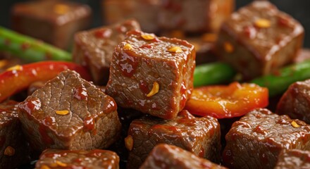 Close-up of cubed meat dish with vegetables on a dark background.