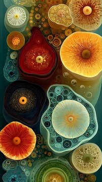 Microscopic Wonders: Vibrant, abstract representation of cellular structures showcasing the beauty and complexity of life at the microscopic level, inspiring awe and wonder.