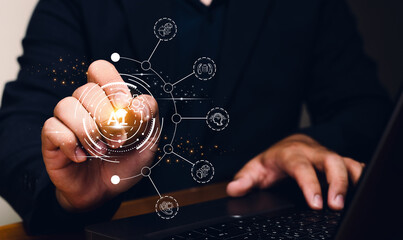 A person interacts with a digital AI interface, symbolizing artificial intelligence technology and data networks on a laptop.