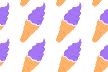 Seamless pattern of purple ice cream cones with swirl tops on white background, ideal for playful dessert and summer visuals