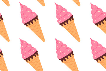 Seamless pattern of pink ice cream cones with swirls on white background, great for sweet dessert visuals and food-themed design