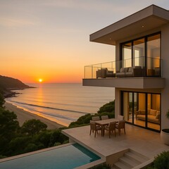 Resort with background beach and sunset