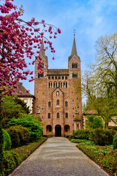Corvey Abbey, with its famed westwork, a monumental, west-facing entrance section of a Carolingian church. Corvey Abbey is UNESCO world heritage site in Germany