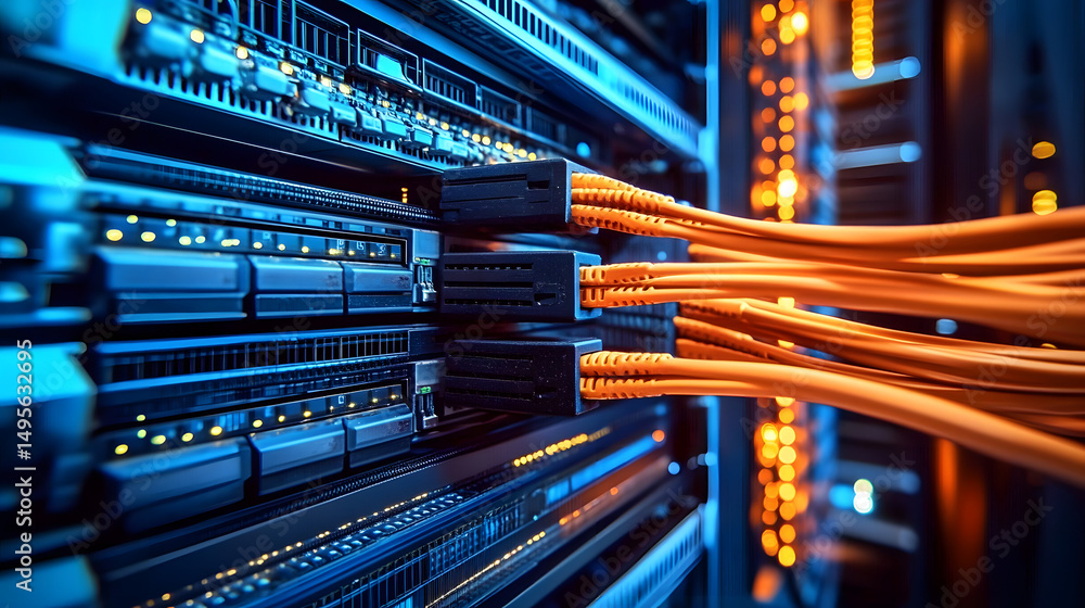 Aufkleber high tech server room with network cables and digital data connections : generative ai