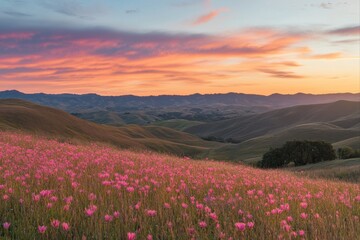 Obraz premium Field of pink flowers at sunset with rolling hills, for backgrounds and wallpapers.