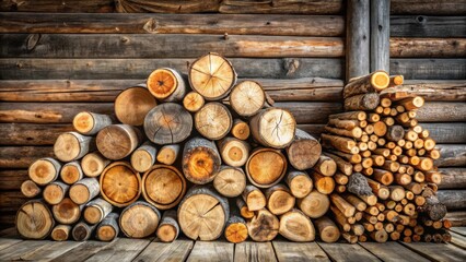 A rustic log cabin interior showcasing neatly stacked firewood against a wall of aged timber